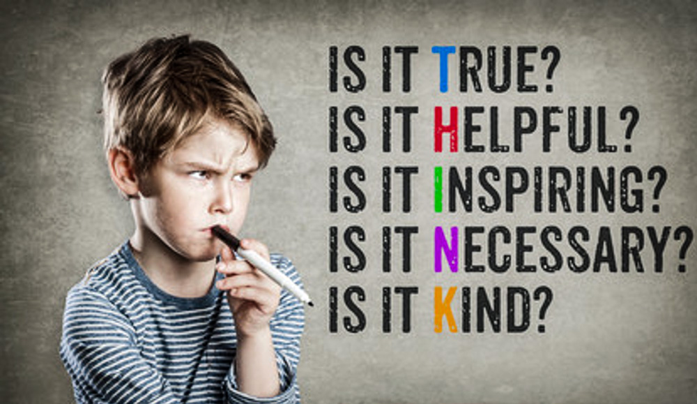 Is it True, Is it Helpful, Is it Inspiring, Is it Necessary, Is it Kind? Spelling T-H-I-N-K with T, H, I, N, K in different colors