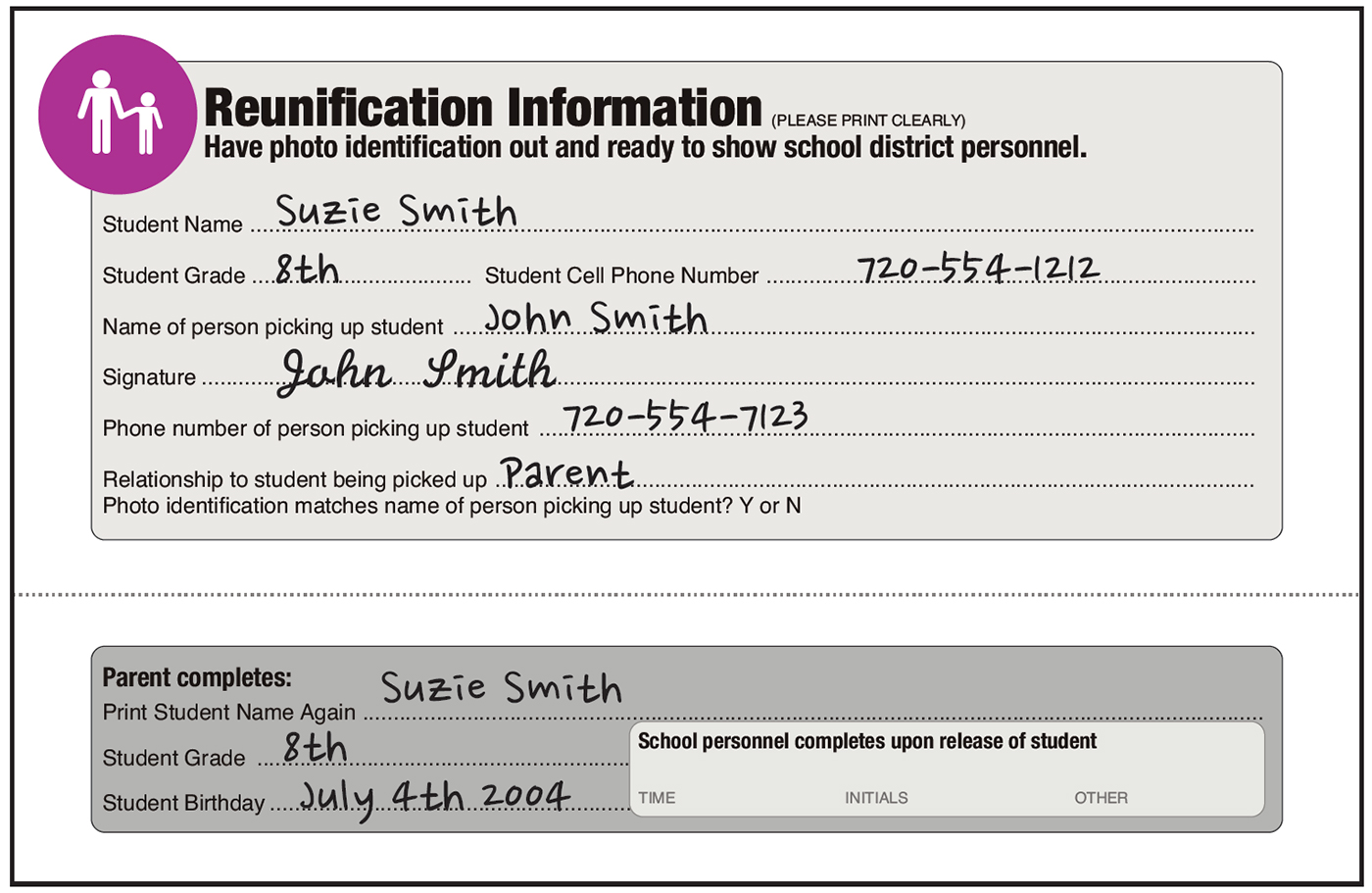 example reunification card filled out