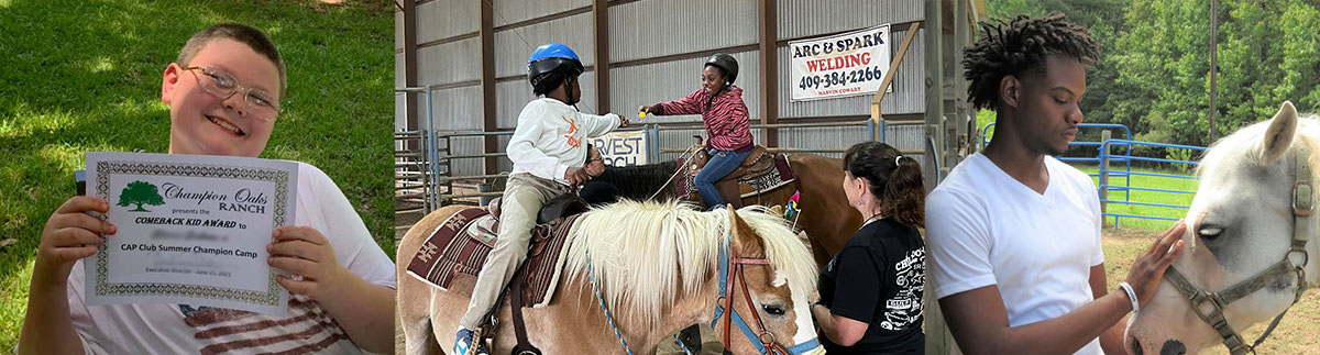 cap club banner collage student receiving award, girls riding horses, boy petting horse's head